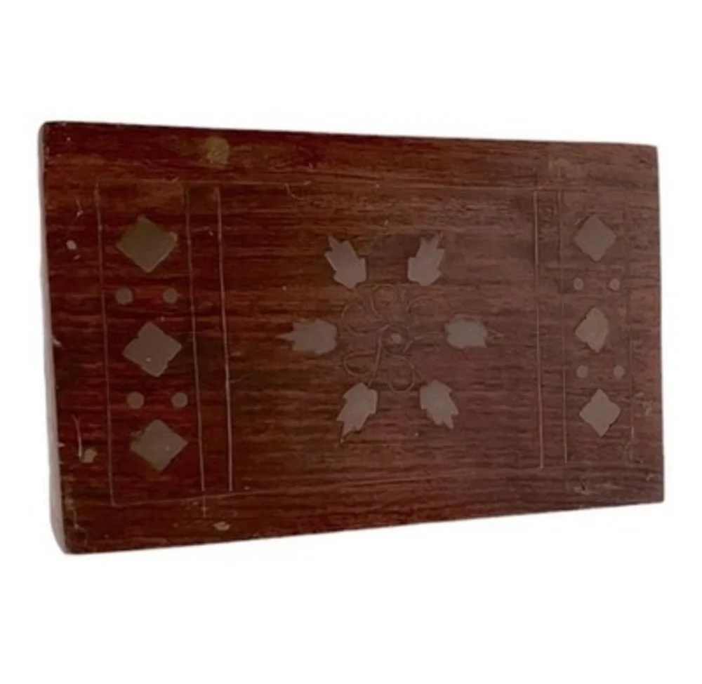 Vintage Wood Jewelry Box Golden Floral Inlay India 6